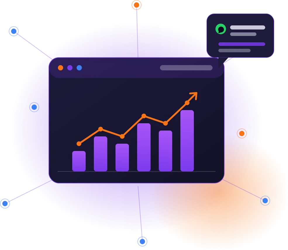 footer-cta Panel de resultados con grafico de crecimiento y nodos de automatizacion