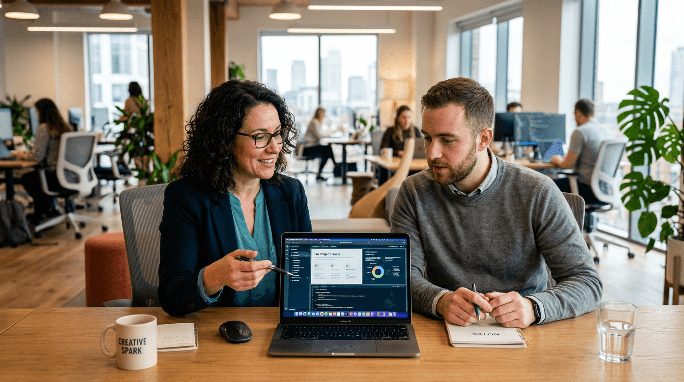 Mentoría: dos personas trabajando juntas frente a una laptop