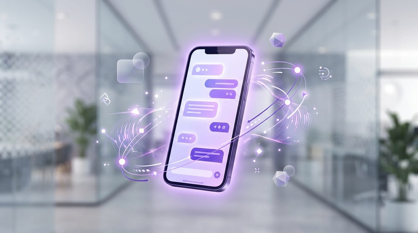 Ilustración editorial moderna de un smartphone con burbujas de chat abstractas en tonos violetas, representando la automatización de atención al cliente por WhatsApp con inteligencia artificial