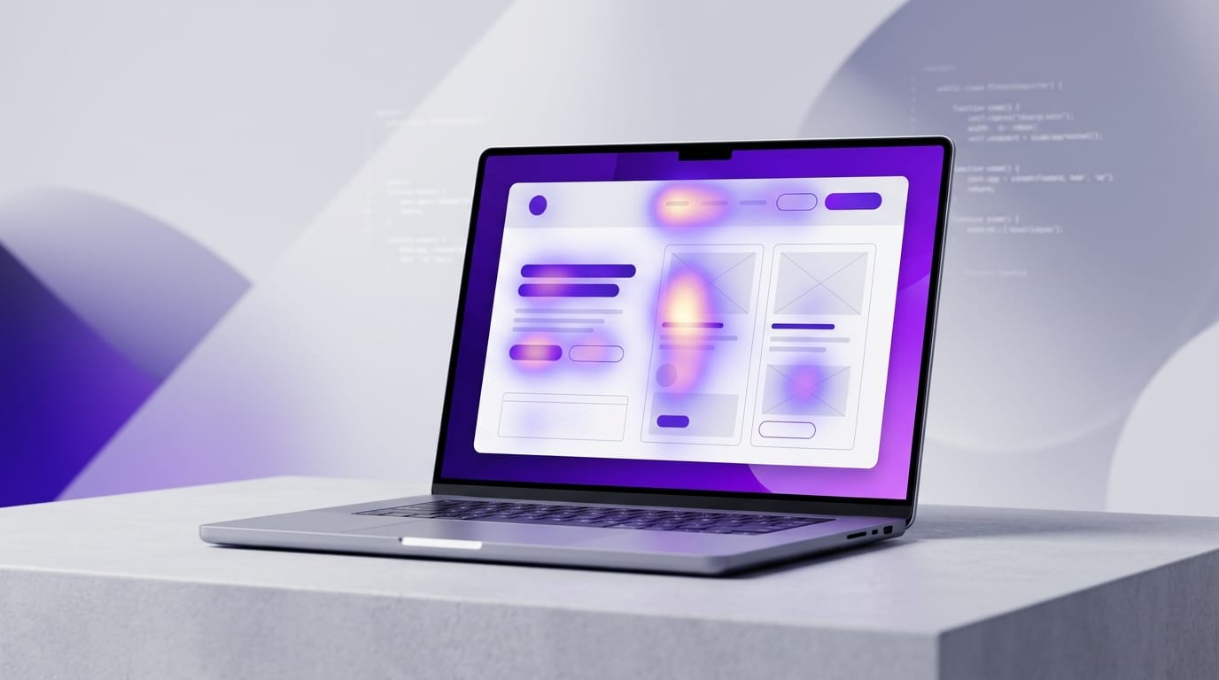 Ilustración editorial minimalista que representa la integración de una herramienta de análisis web, con un mapa de calor violeta sobre la interfaz de un sitio en una laptop, elementos de código sutiles y una estética tecnológica moderna en tonos morados.