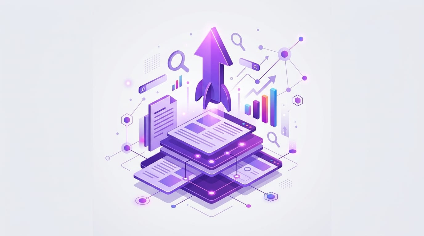 Ilustración editorial minimalista que representa cómo el contenido optimizado en SEO impulsa y escala las campañas de SEM, con una flecha ascendente violeta, paneles de documentos, iconos de búsqueda y gráficos de crecimiento sobre fondo claro