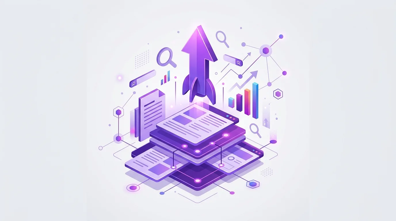 Ilustración editorial minimalista que representa cómo el contenido optimizado en SEO impulsa y escala las campañas de SEM, con una flecha ascendente violeta, paneles de documentos, iconos de búsqueda y gráficos de crecimiento sobre fondo claro