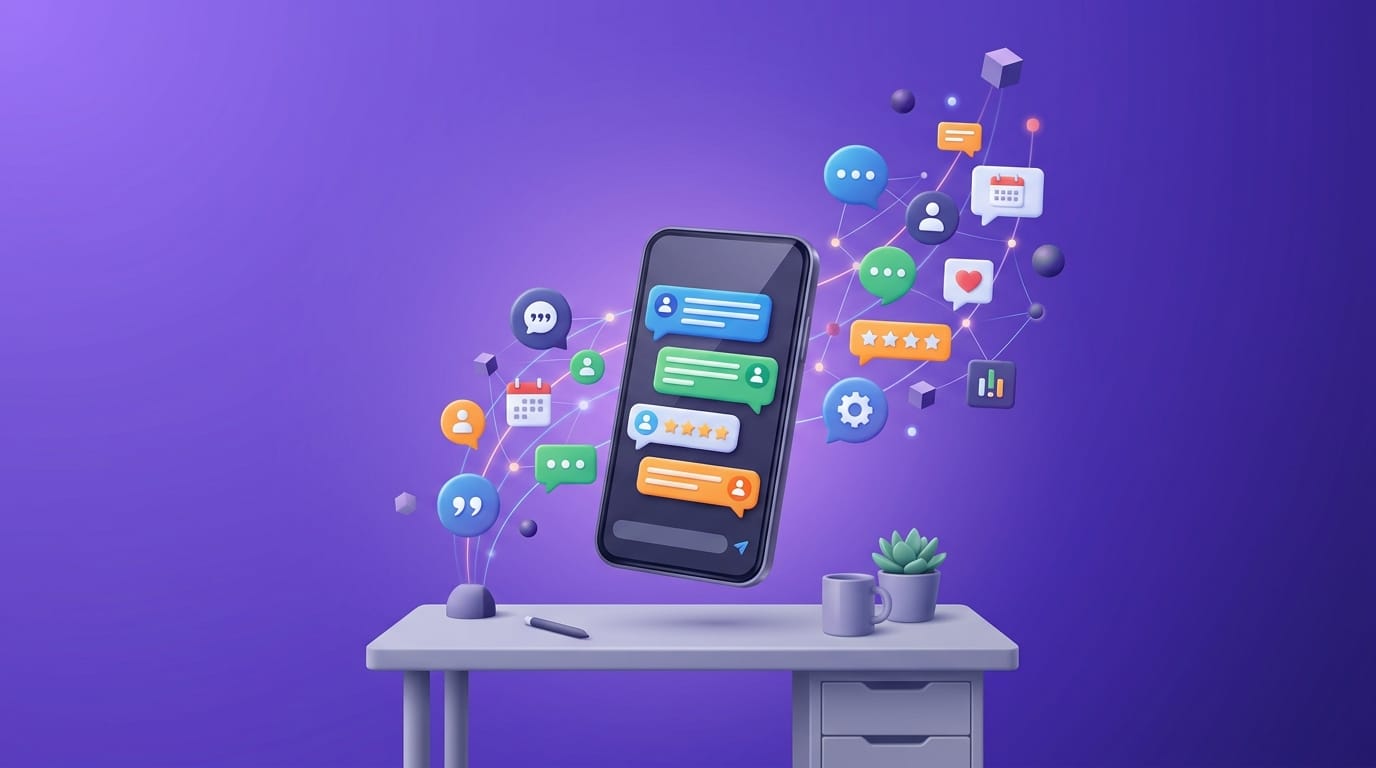 Ilustración editorial de un CRM conversacional mostrando burbujas de chat y un smartphone flotando sobre fondo violeta corporativo, representando la venta a través de conversaciones con clientes