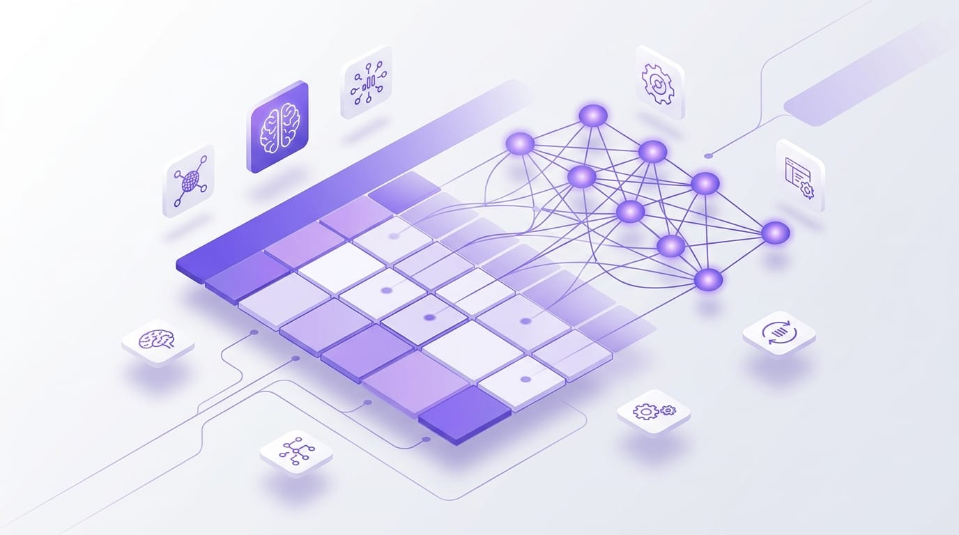 Ilustración editorial abstracta en tonos violeta que representa una hoja de cálculo transformándose en una red neuronal de inteligencia artificial, simbolizando la automatización e integración de IA en PYMEs.