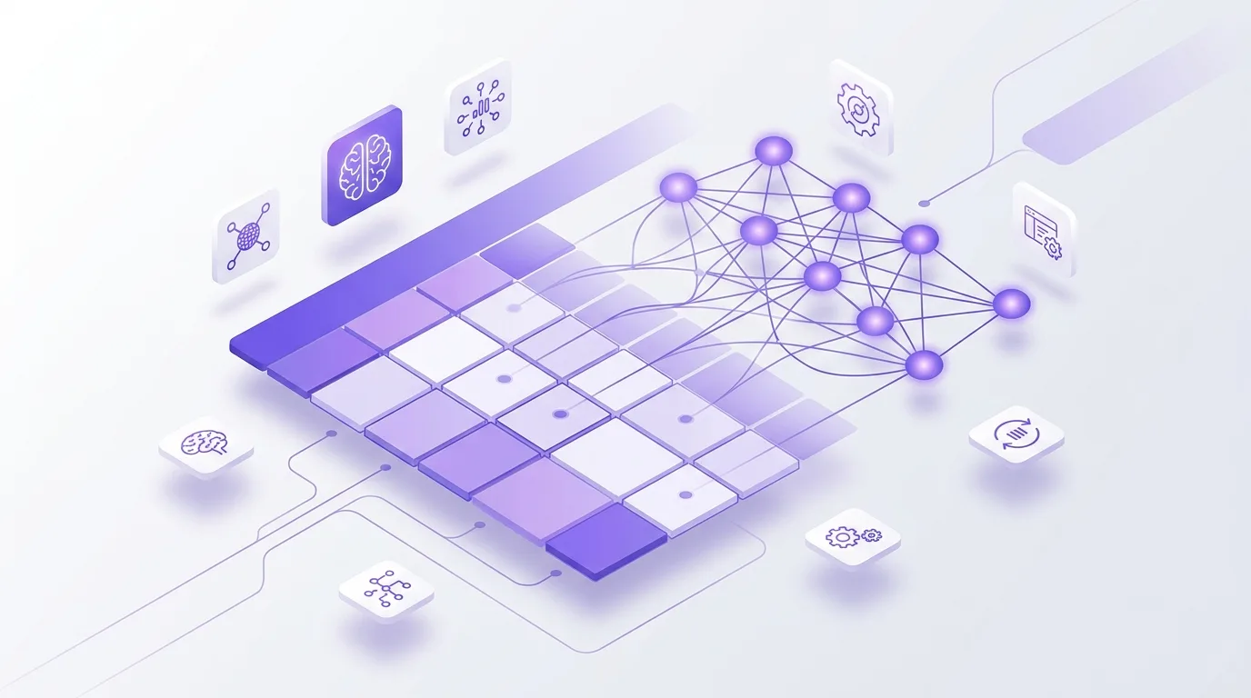Ilustración editorial abstracta en tonos violeta que representa una hoja de cálculo transformándose en una red neuronal de inteligencia artificial, simbolizando la automatización e integración de IA en PYMEs.