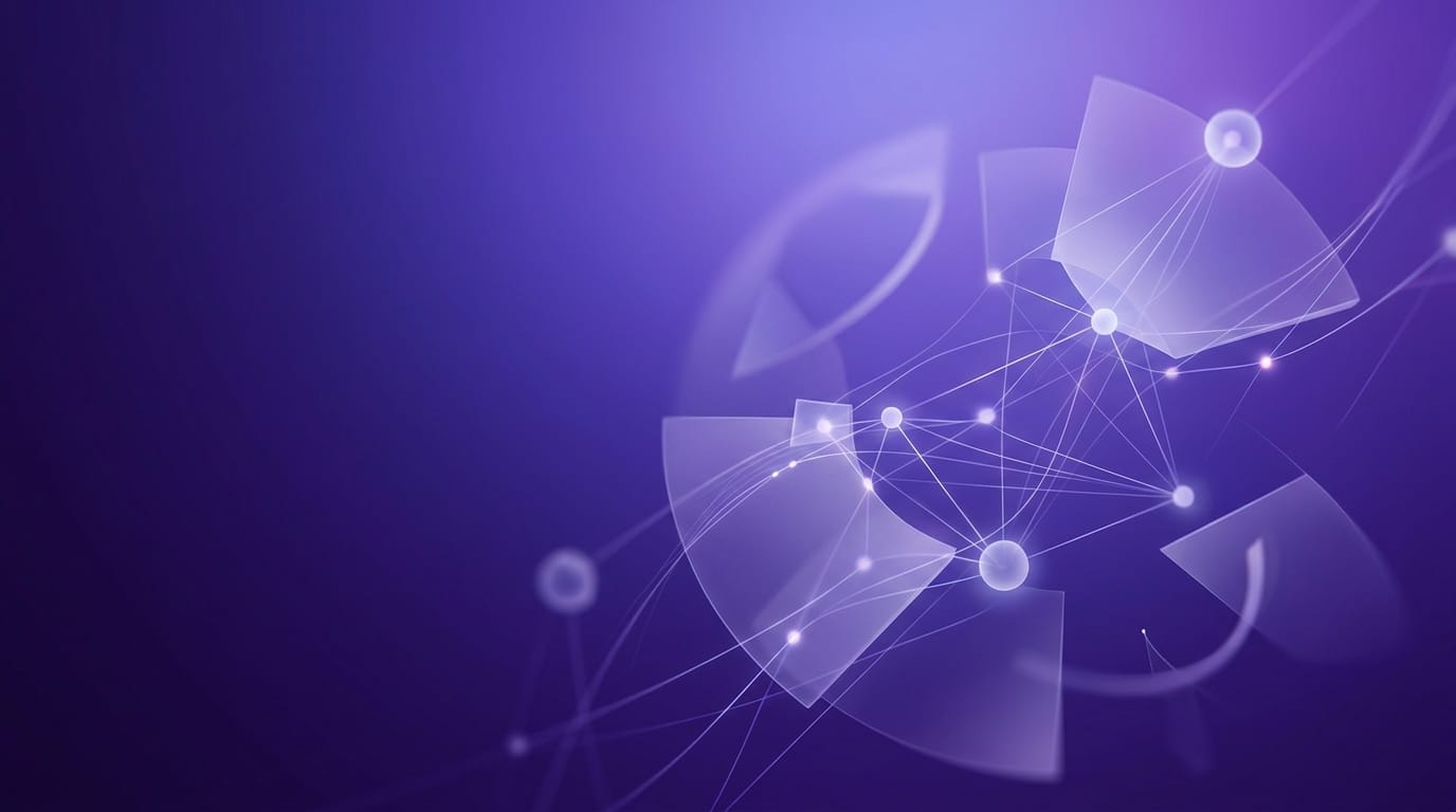 Imagen editorial abstracta con tonos violeta y morado, formas geométricas suaves y líneas brillantes que evocan tecnología, estilo limpio y moderno, sin texto