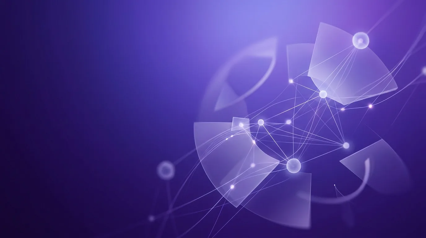 Imagen editorial abstracta con tonos violeta y morado, formas geométricas suaves y líneas brillantes que evocan tecnología, estilo limpio y moderno, sin texto