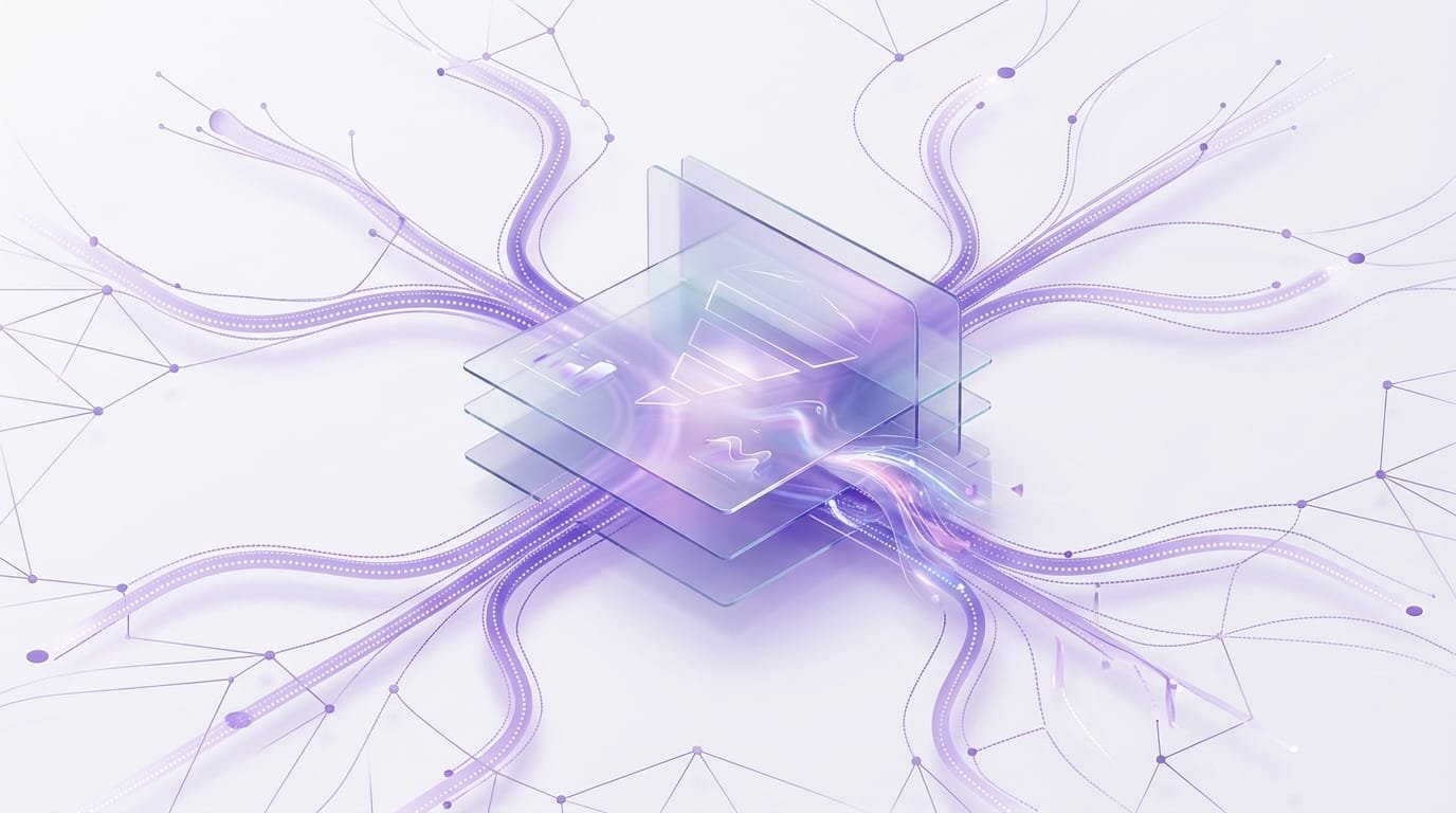 Ilustración editorial abstracta que representa el sistema de atribución en publicidad digital, con nodos conectados y flujos de datos en tonos violeta sobre un panel de cristal moderno