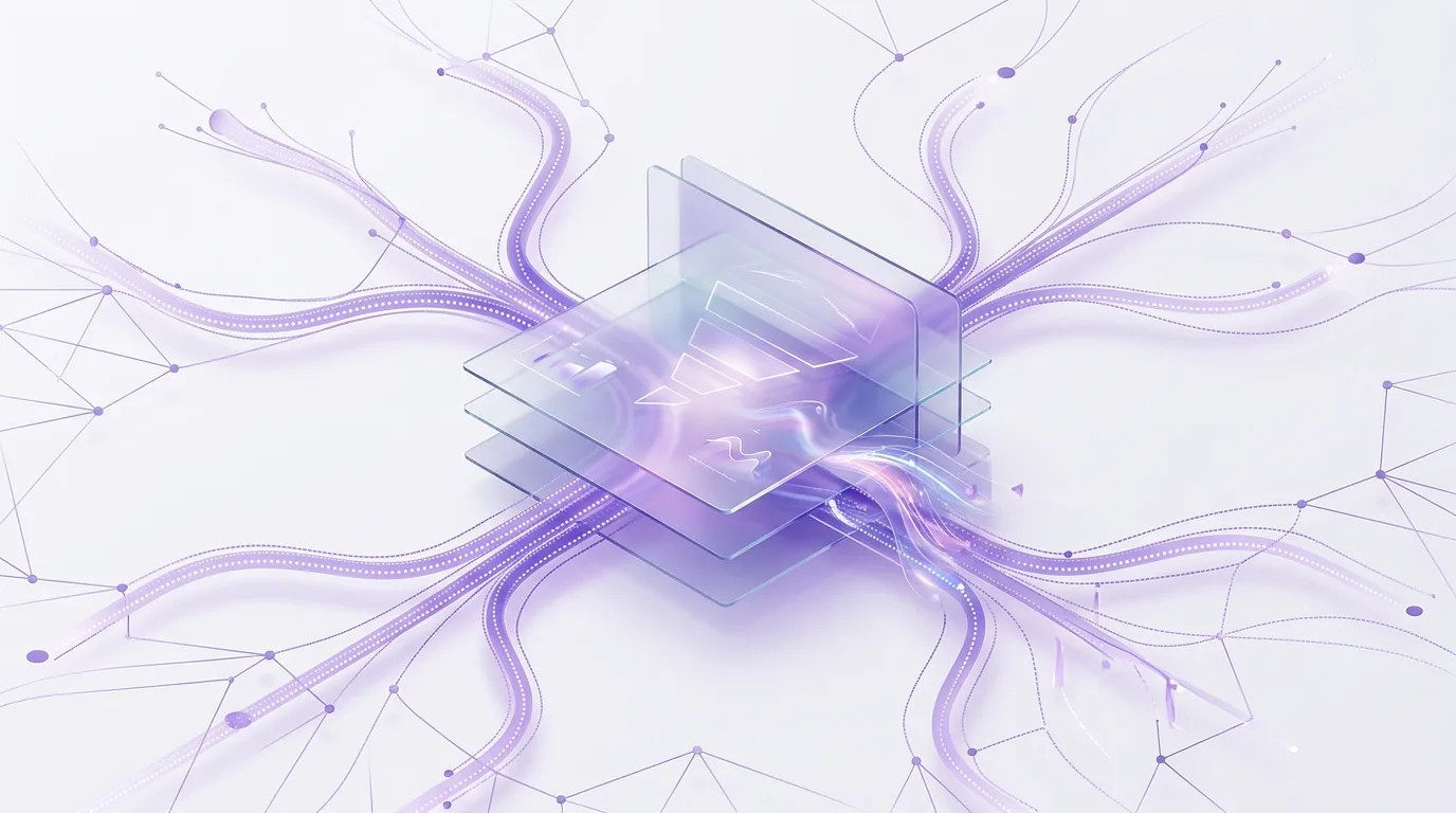 Ilustración editorial abstracta que representa el sistema de atribución en publicidad digital, con nodos conectados y flujos de datos en tonos violeta sobre un panel de cristal moderno