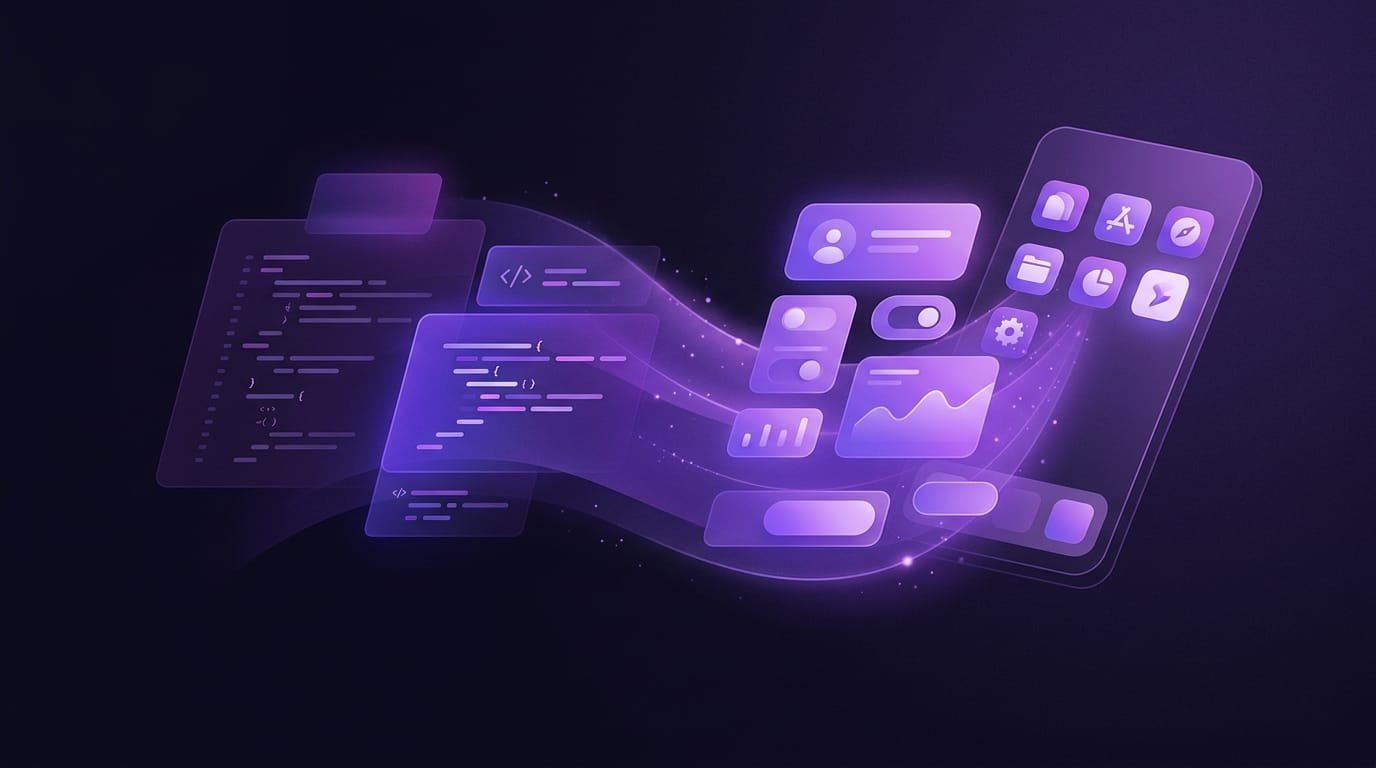 Ilustración editorial moderna en tonos violeta que representa el concepto de vibe coding, con elementos abstractos de interfaces y bloques de código transformándose en aplicaciones simples, sin texto.