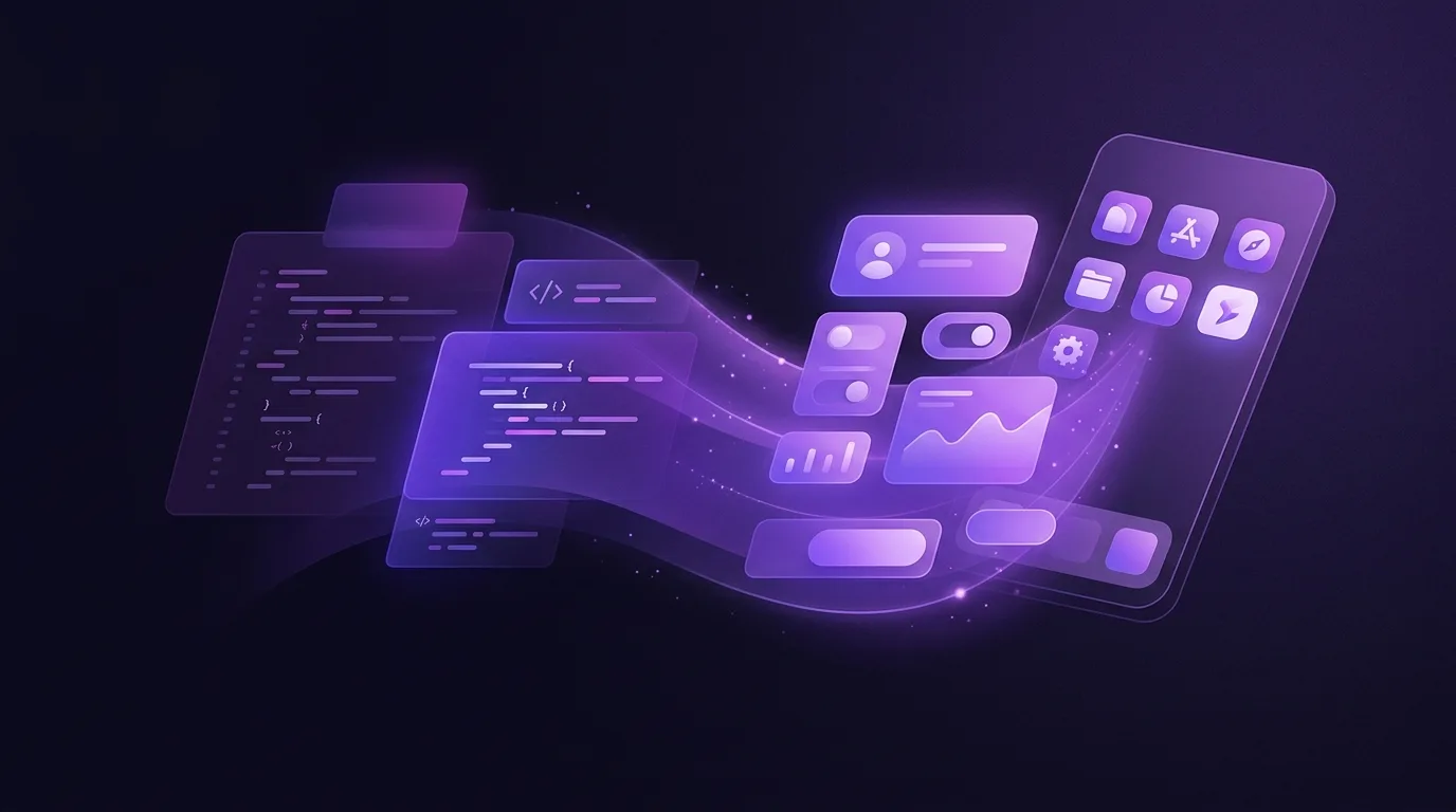 Ilustración editorial moderna en tonos violeta que representa el concepto de vibe coding, con elementos abstractos de interfaces y bloques de código transformándose en aplicaciones simples, sin texto.