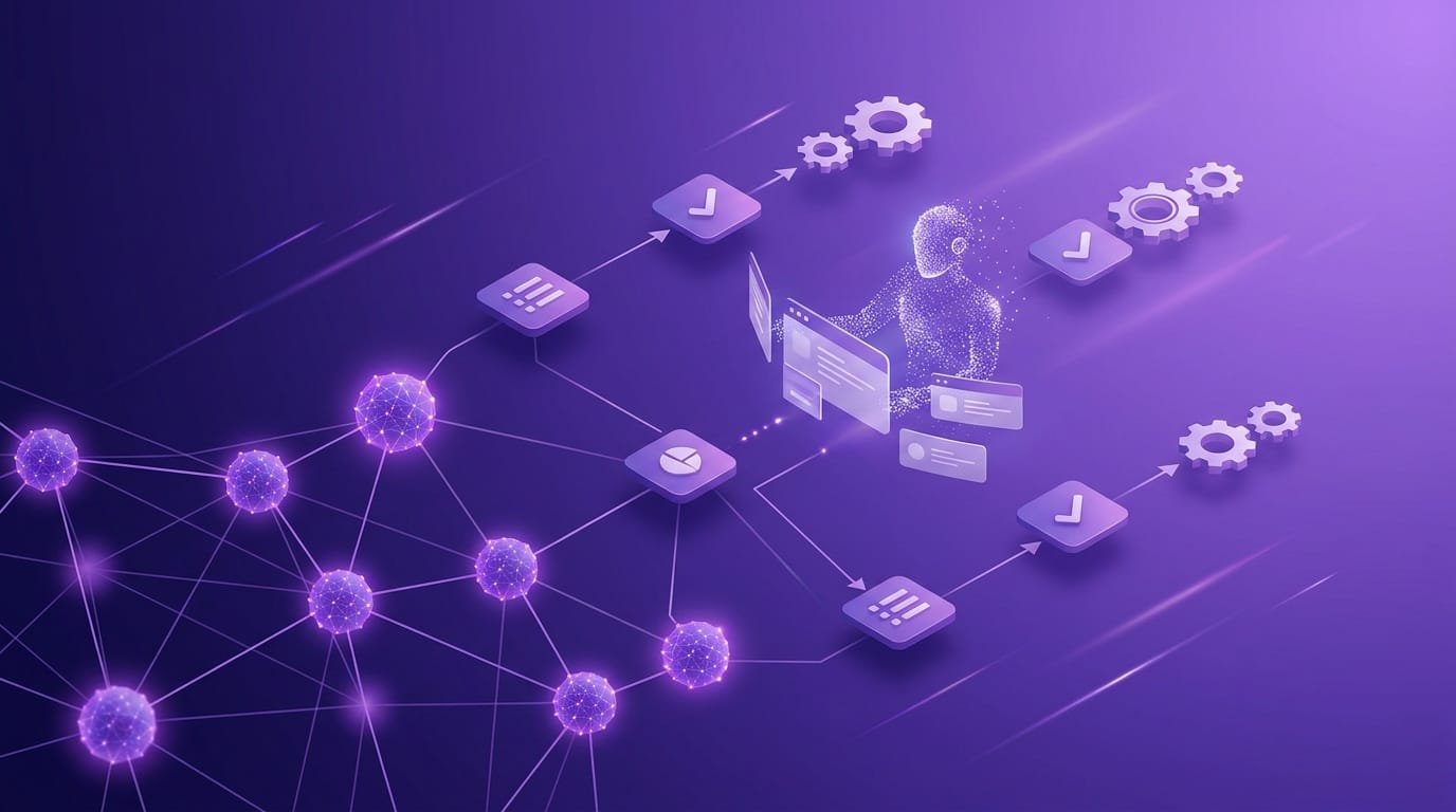 Ilustración editorial futurista que muestra un agente de inteligencia artificial en tonos violeta orquestando múltiples tareas automatizadas representadas por paneles flotantes y engranajes de luz, simbolizando la transición de un chatbot tradicional a un Agente IA autónomo.